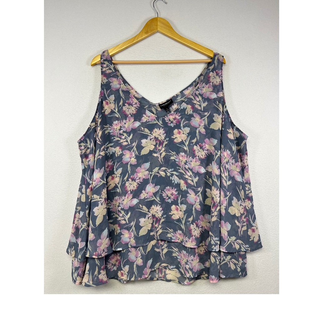 Floral Flowy Lane Bryant Women 26 Blue Tiered Chiffon V-Neck Tank Top Blouse